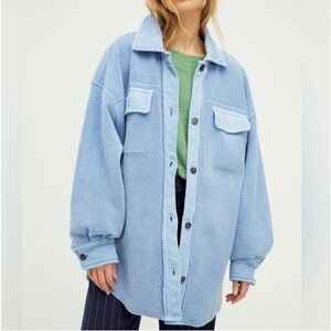 Free People Oversized Fleece Shacket in Light Blue with Green Layering Top
